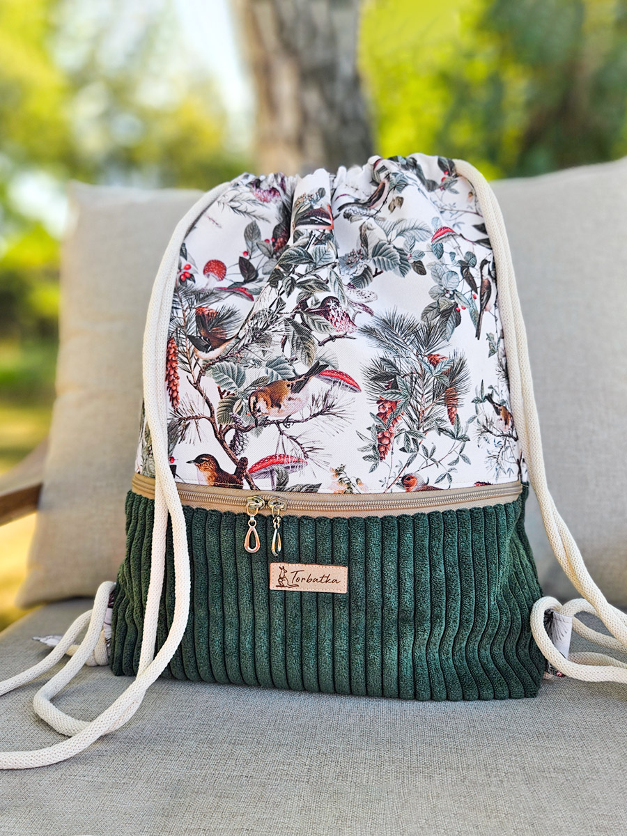 Plecak Pesaro zielony sztruks i ptaki